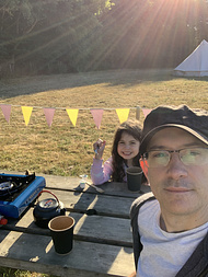 R and I selfie in the morning of our glamping adeventure - we are heating up water for tea for me and probably hot chocolate for R