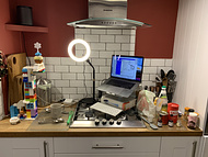 The professional setup I used to lead the mug cake session, including a custom Lego Duplo phone rig to shoot the mixing action