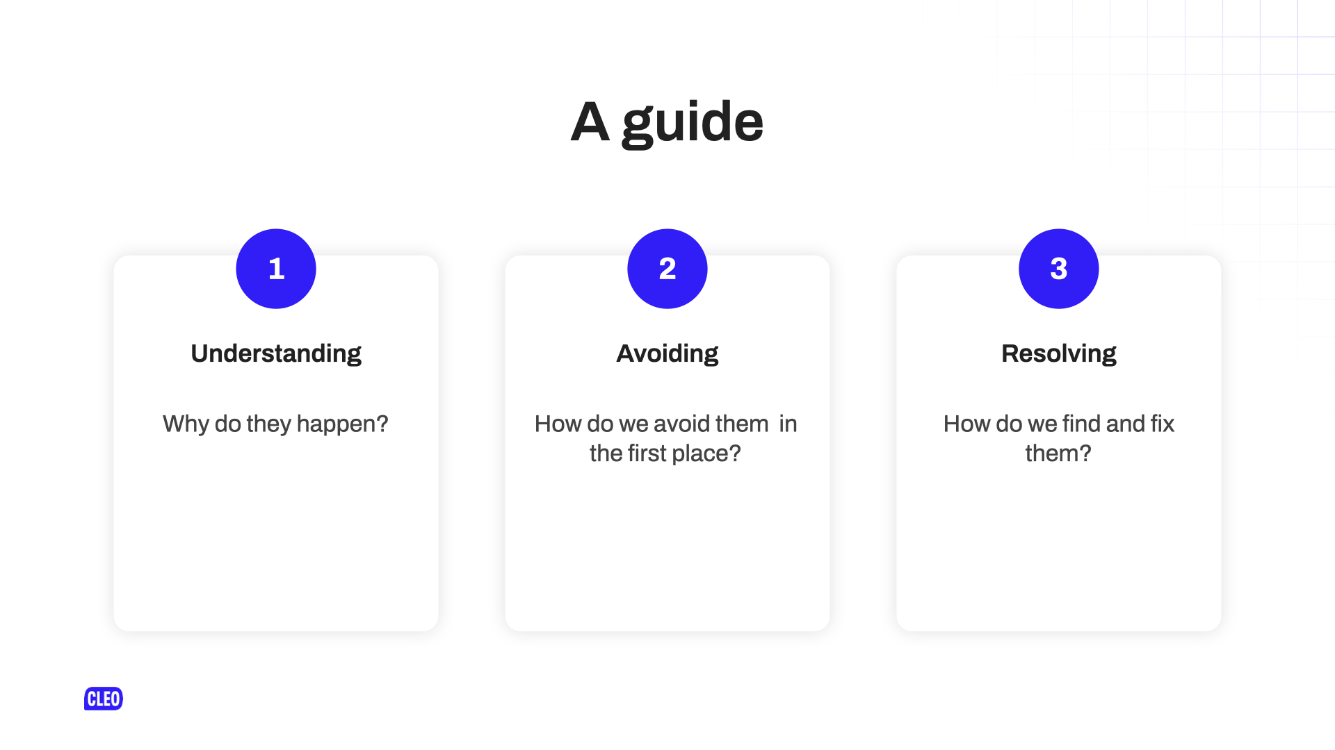 text: A guide; 1 - Understanding; Why do they happen?; 2 - Avoiding; How do we avoid them in the first place?; 3 - Resolving; How do we find and fix them?