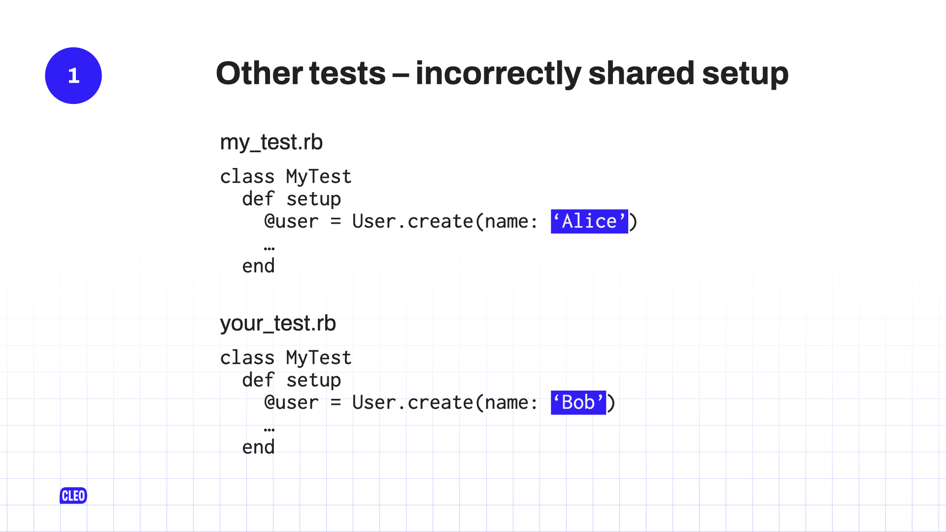 There's a code snipped here of the contents of two files: my_test.rb and your_test.rb - by mistake they have the same class name - but slightly different contents in the setup method.  The differences are highlighted to draw your attention.  text: 1. Other tests - incorrectly shared setup; my_test.rb; class MyTest; def setup; @user = User.create(name: 'Alice'); ...; end; your_test.rb; class MyTest; def setup; @user = User.create(name: 'Bob')