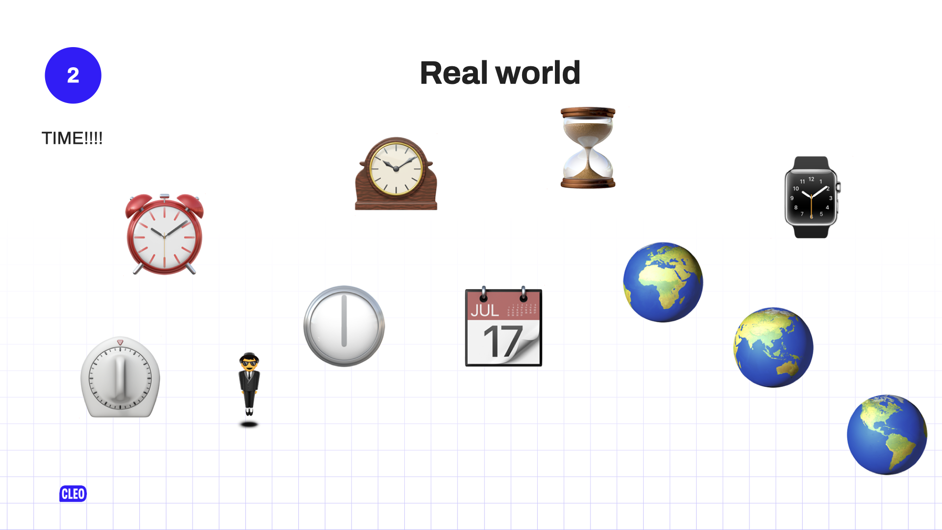 A selection of emojis that represent various time concepts: an alarm clock, a mantelpiece clock, a kitchen timer; a sand timer; a watch; a levitating businessman (to represent business days); a clock face at 6 o'clock; a calendar; 3x globes showing different parts of the world (to represent timezones); text: 2. Real world; Time !!!!