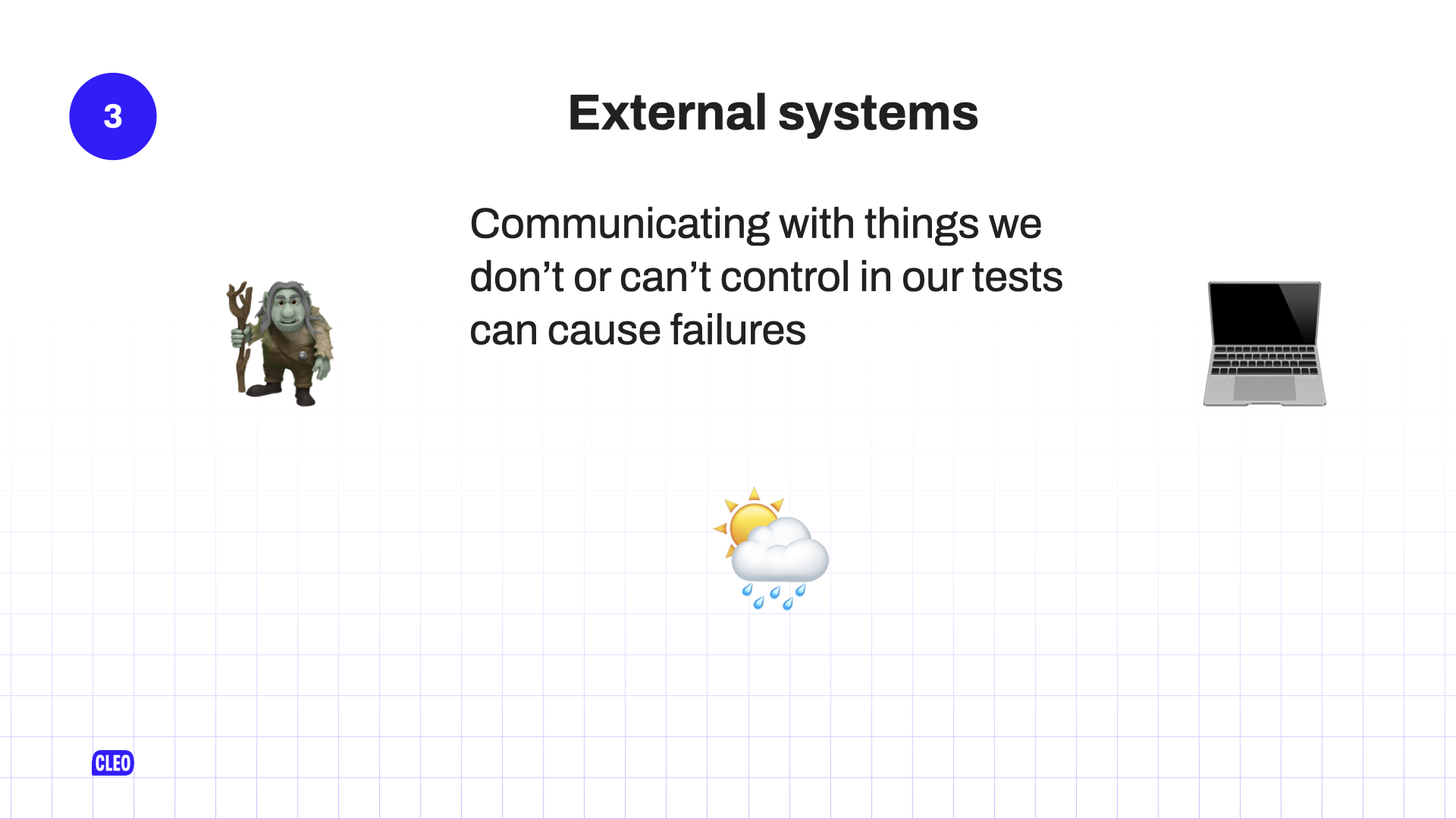 To represent the external world there are 3 emojis - a troll; a sun behind a rain cloud; a laptop; text: 3. External systems; Communicating with things we don't or can't control in our tests can cause failures