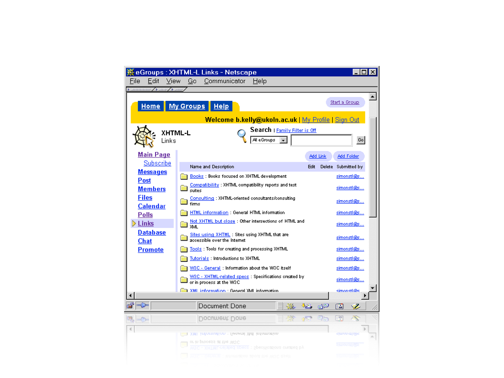 A screenshot of the egroups interface in Netscape navigator