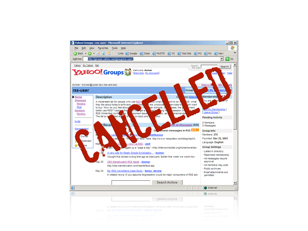 A screenshot of the Yahoo! Groups interace in Internet Explorer with the word Cancelled stamped on it; text: cancelled