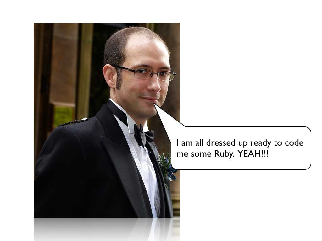 A photo of me dressed up fancy with a speech bubble proclaiming my readiness to program in ruby; text: I am all dressed up ready to code me some Ruby. YEAH!!!