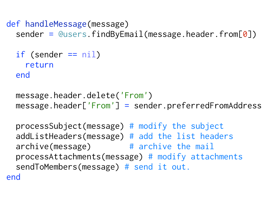 A snippet of code that shows the handleMessage method; code: https://gist.github.com/h-lame/1f032a1f8181fe220d6f1c2c4d98f64e#file-slide-16-handlemessage-rb