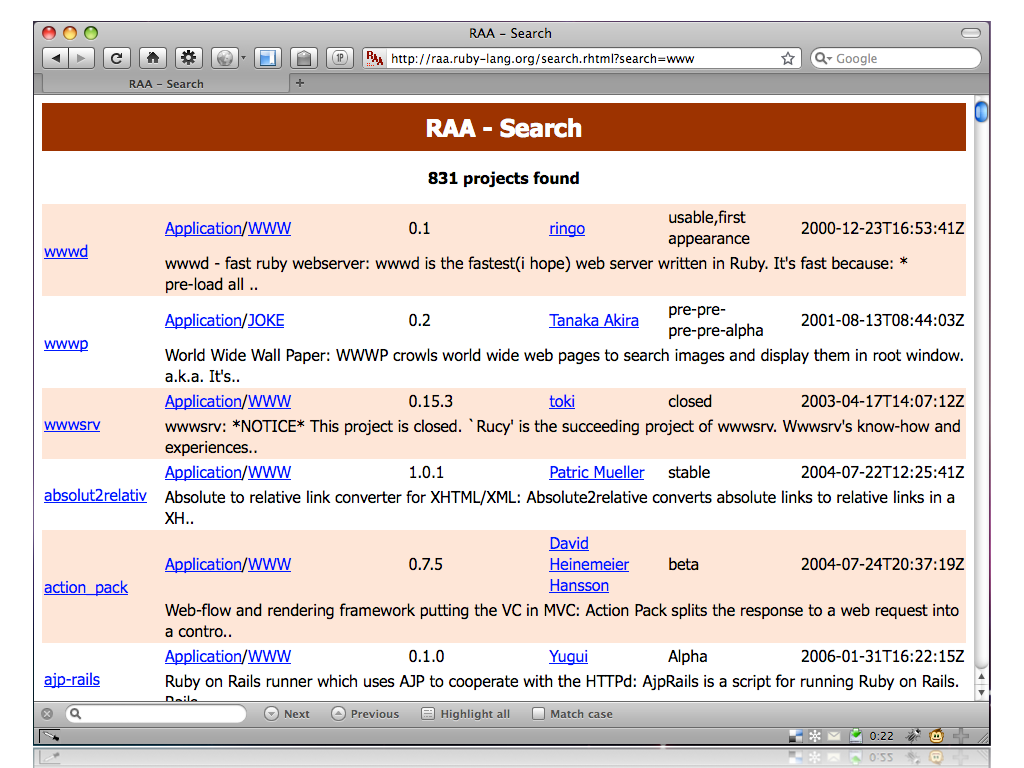 A screenshot of Safari showing the Ruby Application Archive search page showing the results of a search for “www”