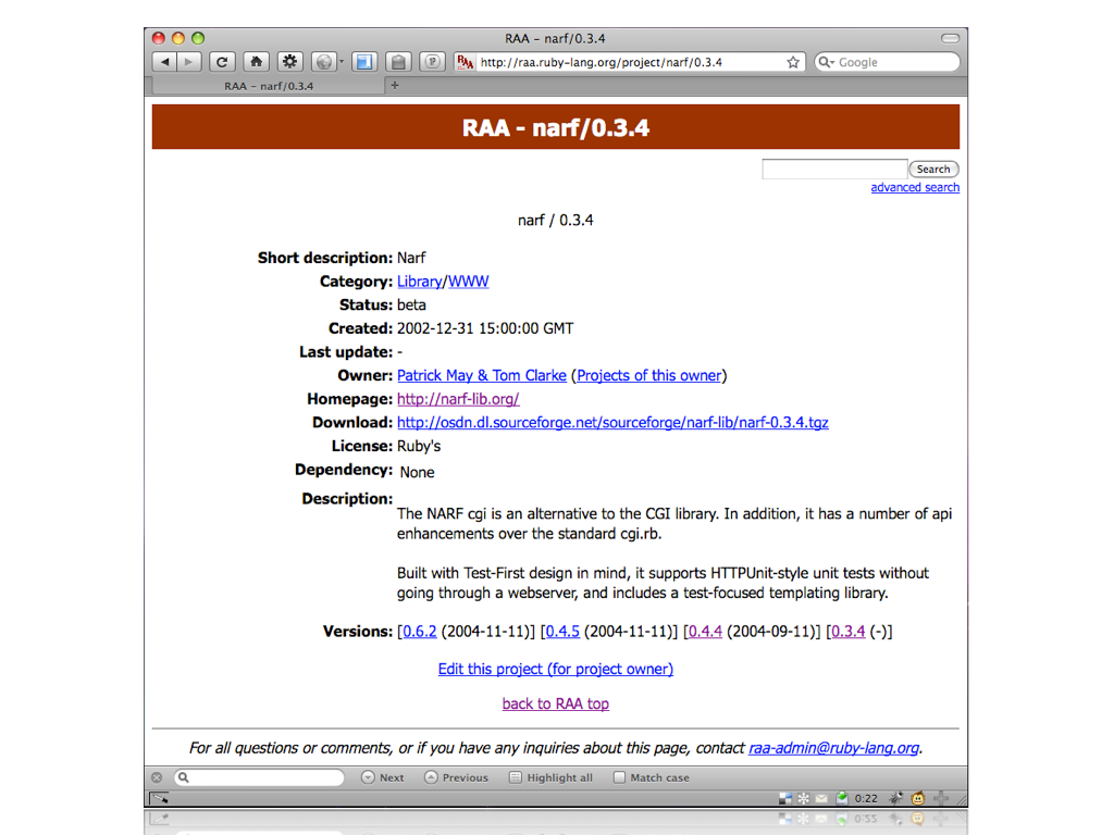 A screenshot of Safari showing the Ruby Application Archive entry for narf version 0.3.4