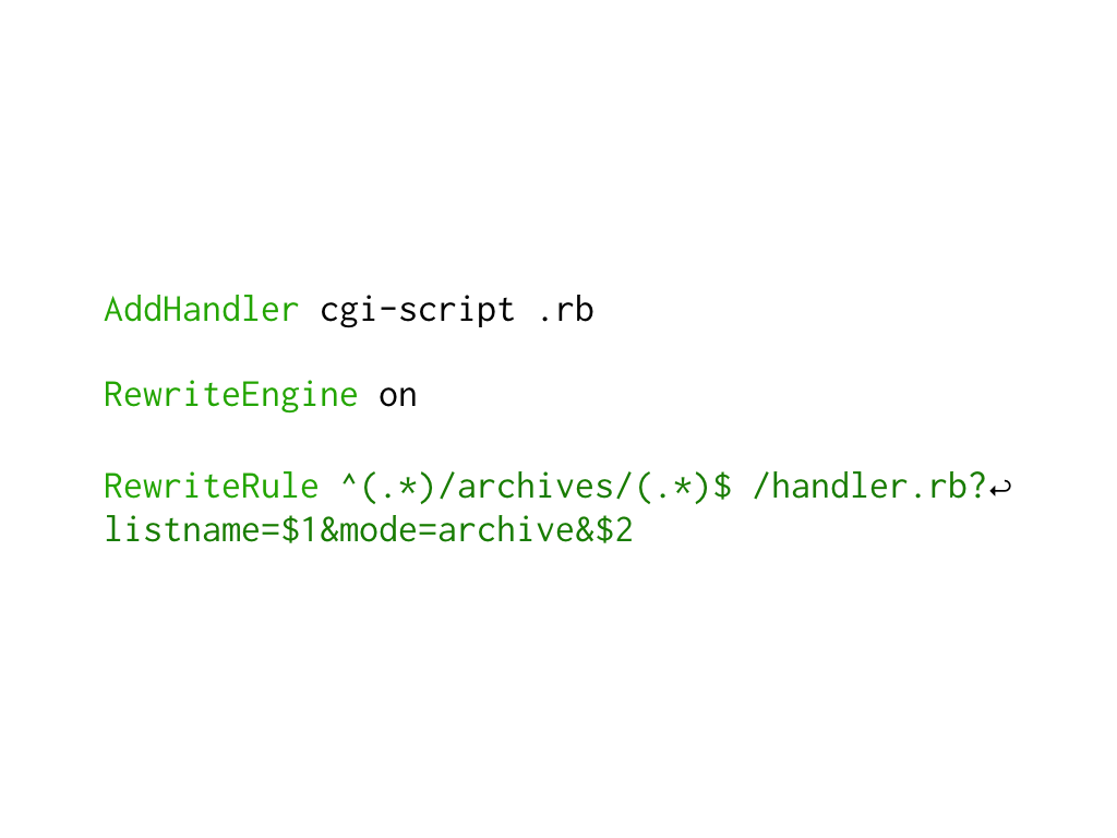 A code fragment showing the Apache configuration for running the handler.rb script; code: https://gist.github.com/h-lame/1f032a1f8181fe220d6f1c2c4d98f64e#file-slide-32-apache-conf