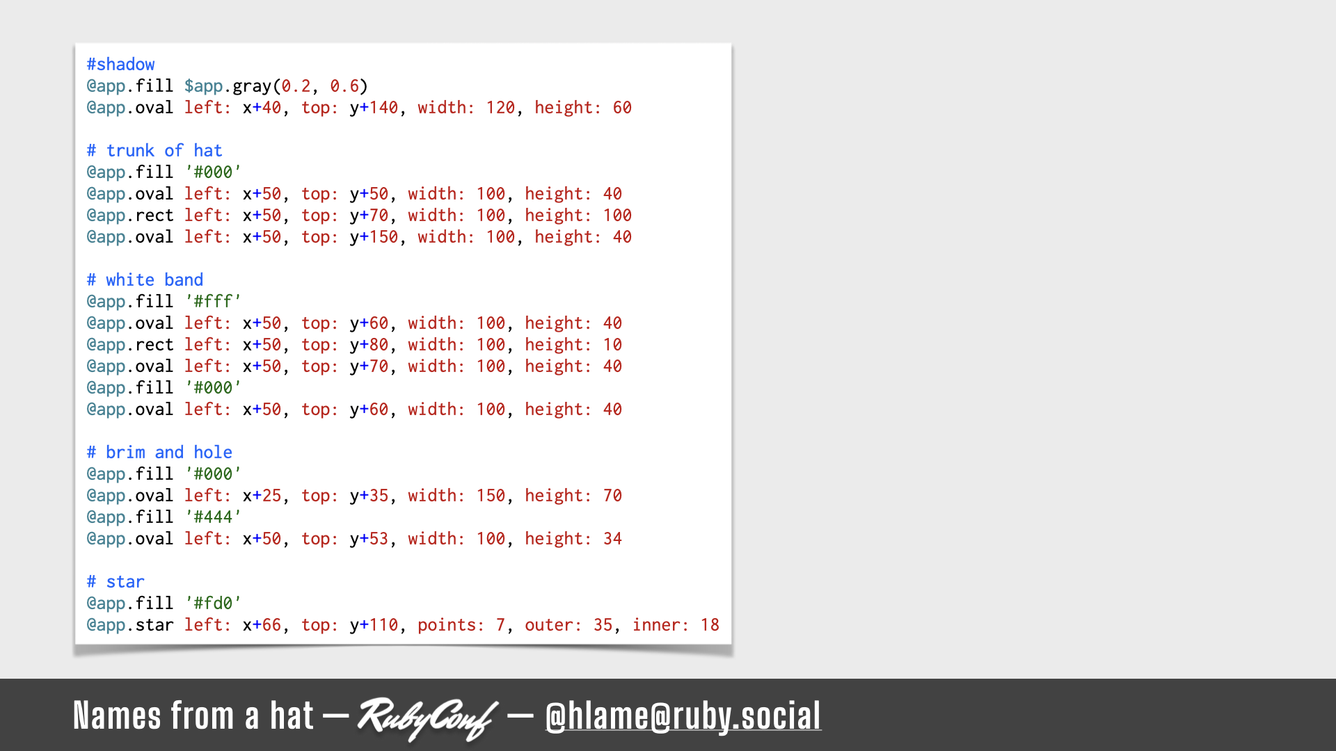 A snippet of code showing the code for drawing a hat; source: https://github.com/h-lame/lruggery/blob/4e02855d64a111c8ee72e1a736da7a868384a1f8/names_from_a_hat/hat.rb#L143-L169