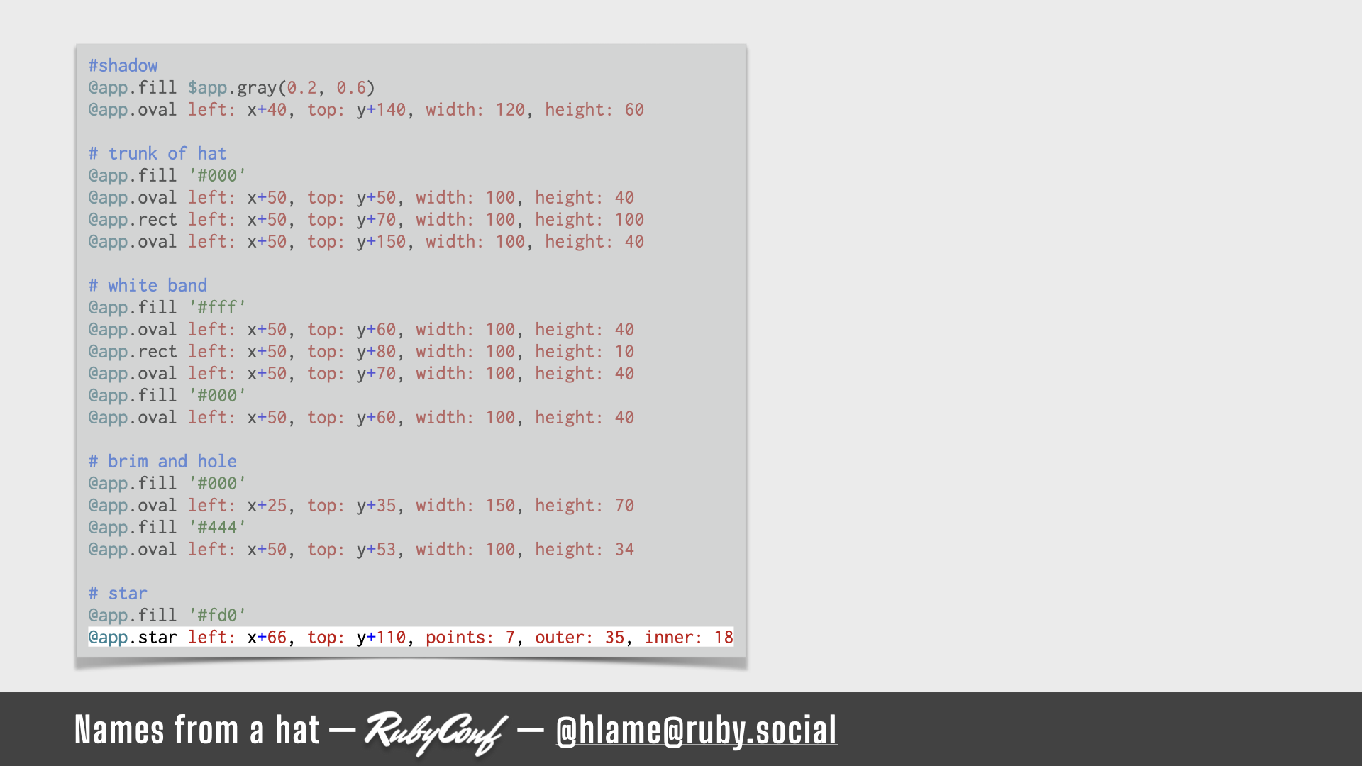 A snippet of code showing the code for drawing a hat, the method call for drawing a star is highlighted; source: https://github.com/h-lame/lruggery/blob/4e02855d64a111c8ee72e1a736da7a868384a1f8/names_from_a_hat/hat.rb#L143-L169