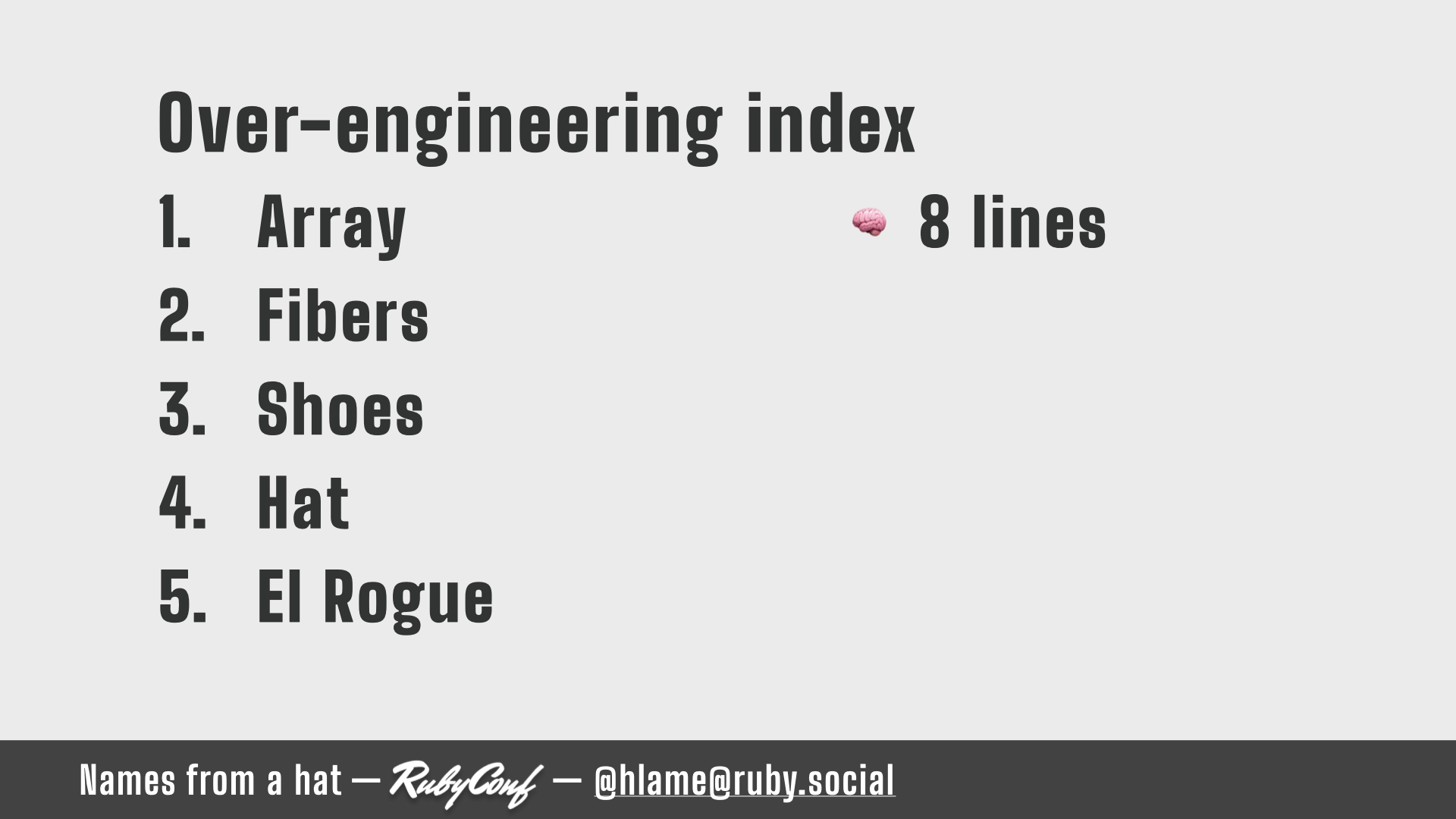 text: Over-engineering index; 1. Array (small brain emoji) 8 lines; 2. Fibers; 3. Shoes; 4. Hat; 5. El Rogue