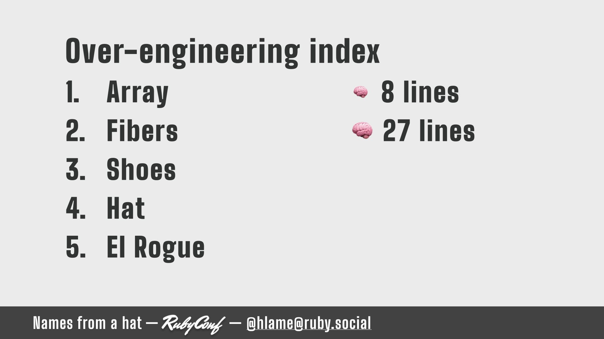 text: Over-engineering index; 1. Array (small brain emoji) 8 lines; 2. Fibers (large brain emoji) 27 lines; 3. Shoes; 4. Hat; 5. El Rogue