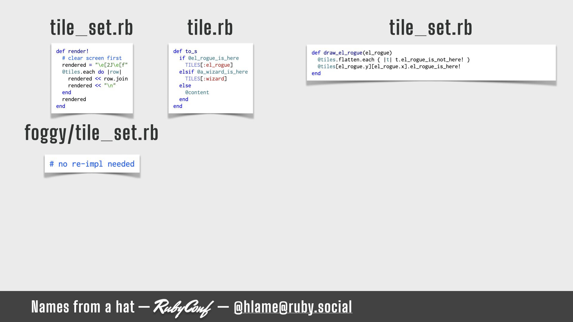 A snippet of code for showing how we reveal the world as we walk; the lack of implementation of `Foggy::TileSet#render!` is highlighted; sources: TileSet#render!: https://github.com/h-lame/lruggery/blob/4e02855d64a111c8ee72e1a736da7a868384a1f8/names_from_a_hat/rogue/lib/rogue/tileset.rb#L83-L91; Tile#to_s: https://github.com/h-lame/lruggery/blob/4e02855d64a111c8ee72e1a736da7a868384a1f8/names_from_a_hat/rogue/lib/rogue/tile.rb#L88-L96; TileSet#draw_el_rogue: https://github.com/h-lame/lruggery/blob/4e02855d64a111c8ee72e1a736da7a868384a1f8/names_from_a_hat/rogue/lib/rogue/tileset.rb#L76-L81