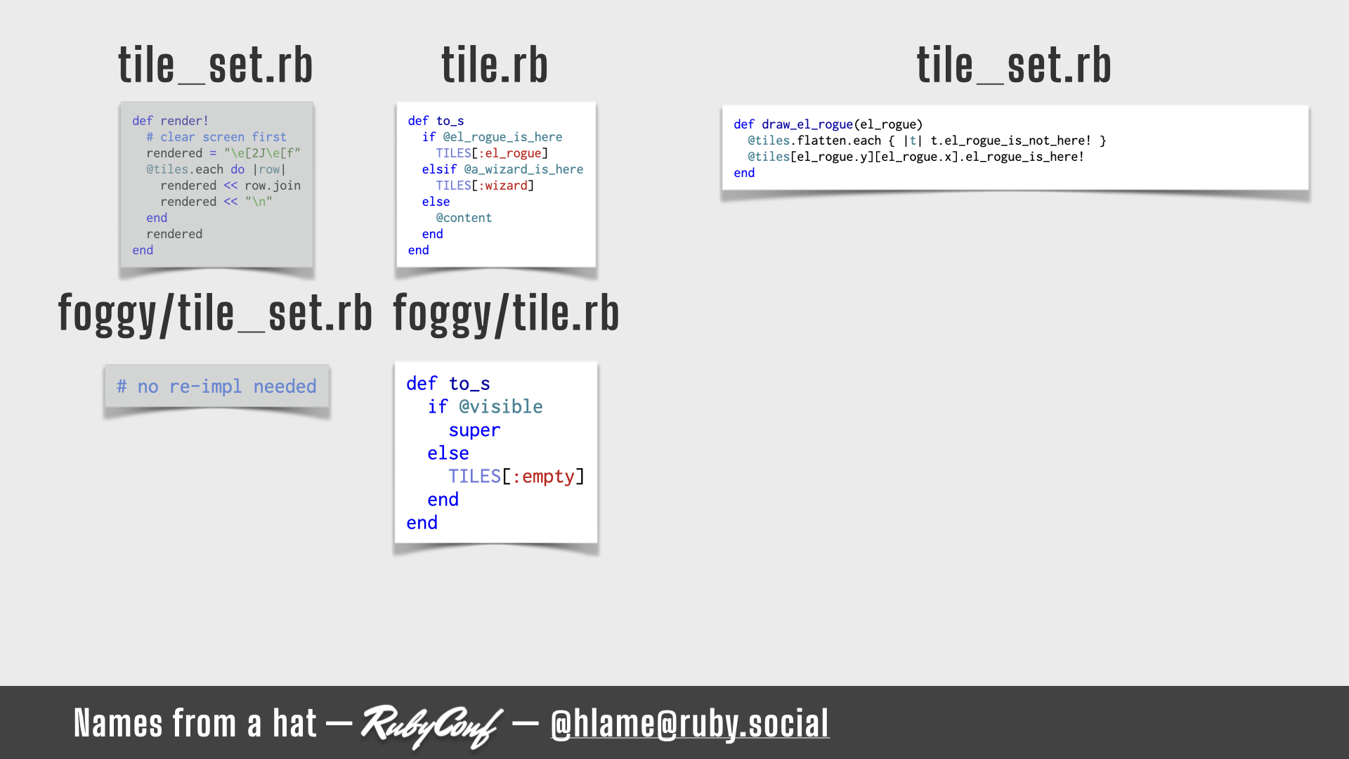 A snippet of code for showing how we reveal the world as we walk; the `Foggy::Tile#to_s` implementation is highlighted; sources: TileSet#render!: https://github.com/h-lame/lruggery/blob/4e02855d64a111c8ee72e1a736da7a868384a1f8/names_from_a_hat/rogue/lib/rogue/tileset.rb#L83-L91; Tile#to_s: https://github.com/h-lame/lruggery/blob/4e02855d64a111c8ee72e1a736da7a868384a1f8/names_from_a_hat/rogue/lib/rogue/tile.rb#L88-L96; TileSet#draw_el_rogue: https://github.com/h-lame/lruggery/blob/4e02855d64a111c8ee72e1a736da7a868384a1f8/names_from_a_hat/rogue/lib/rogue/tileset.rb#L76-L81; Foggy::Tile#to_s: https://github.com/h-lame/lruggery/blob/4e02855d64a111c8ee72e1a736da7a868384a1f8/names_from_a_hat/rogue/lib/rogue/foggy/tile.rb#L18-L24