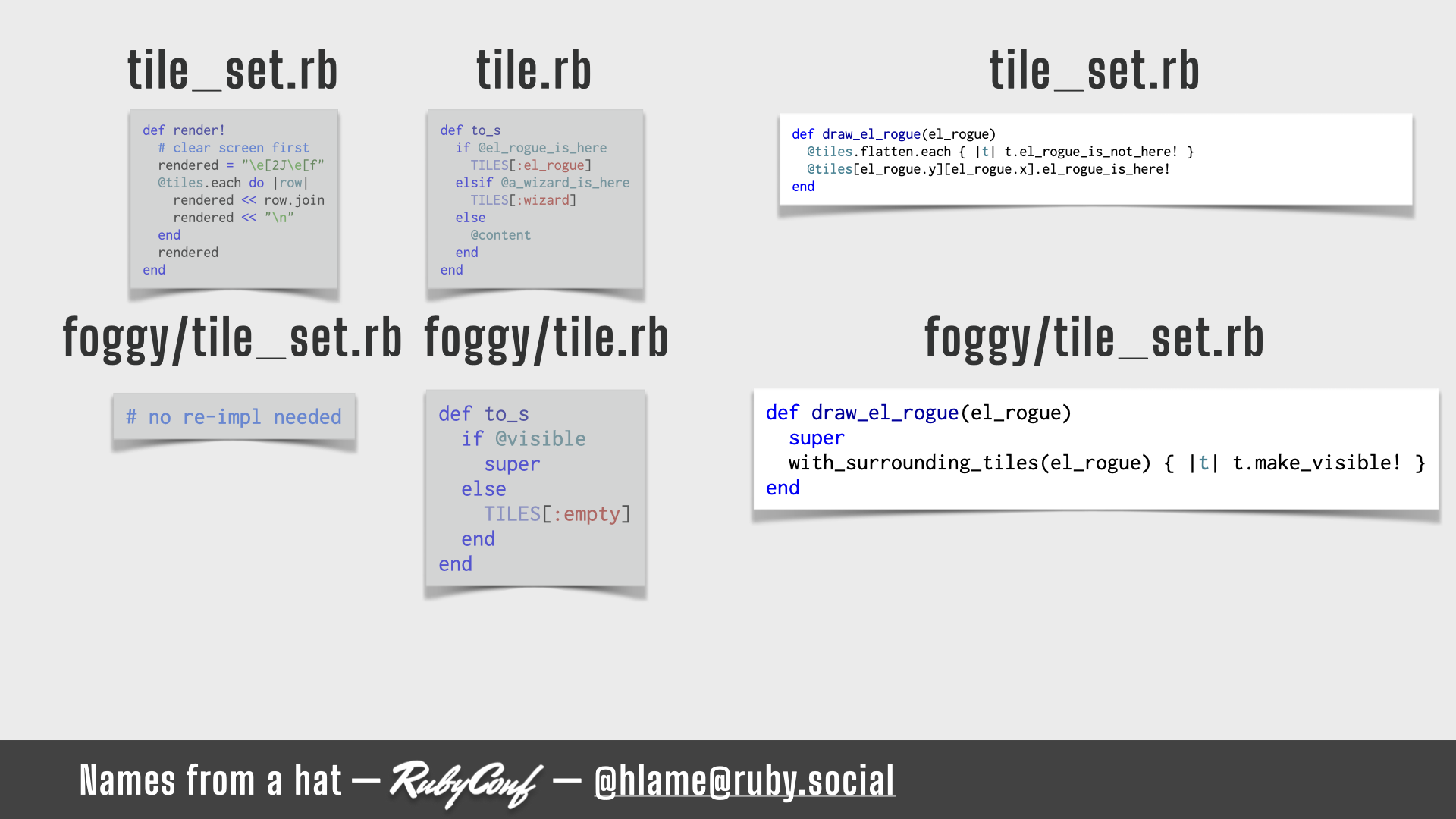 A snippet of code for showing how we reveal the world as we walk; the `Foggy::TileSet#draw_el_rogue` implementation is highlighted; sources: TileSet#render!: https://github.com/h-lame/lruggery/blob/4e02855d64a111c8ee72e1a736da7a868384a1f8/names_from_a_hat/rogue/lib/rogue/tileset.rb#L83-L91; Tile#to_s: https://github.com/h-lame/lruggery/blob/4e02855d64a111c8ee72e1a736da7a868384a1f8/names_from_a_hat/rogue/lib/rogue/tile.rb#L88-L96; TileSet#draw_el_rogue: https://github.com/h-lame/lruggery/blob/4e02855d64a111c8ee72e1a736da7a868384a1f8/names_from_a_hat/rogue/lib/rogue/tileset.rb#L76-L81; Foggy::Tile#to_s: https://github.com/h-lame/lruggery/blob/4e02855d64a111c8ee72e1a736da7a868384a1f8/names_from_a_hat/rogue/lib/rogue/foggy/tile.rb#L18-L24; Foggy::TileSet#draw_el_rogue: https://github.com/h-lame/lruggery/blob/4e02855d64a111c8ee72e1a736da7a868384a1f8/names_from_a_hat/rogue/lib/rogue/foggy/tileset.rb#L8-L13