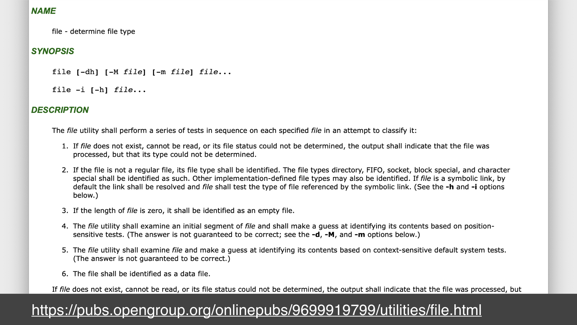 Screenshot of a webpage of the man page for the unix `file` command; url: https://pubs.opengroup.org/onlinepubs/9699919799/utilities/file.html