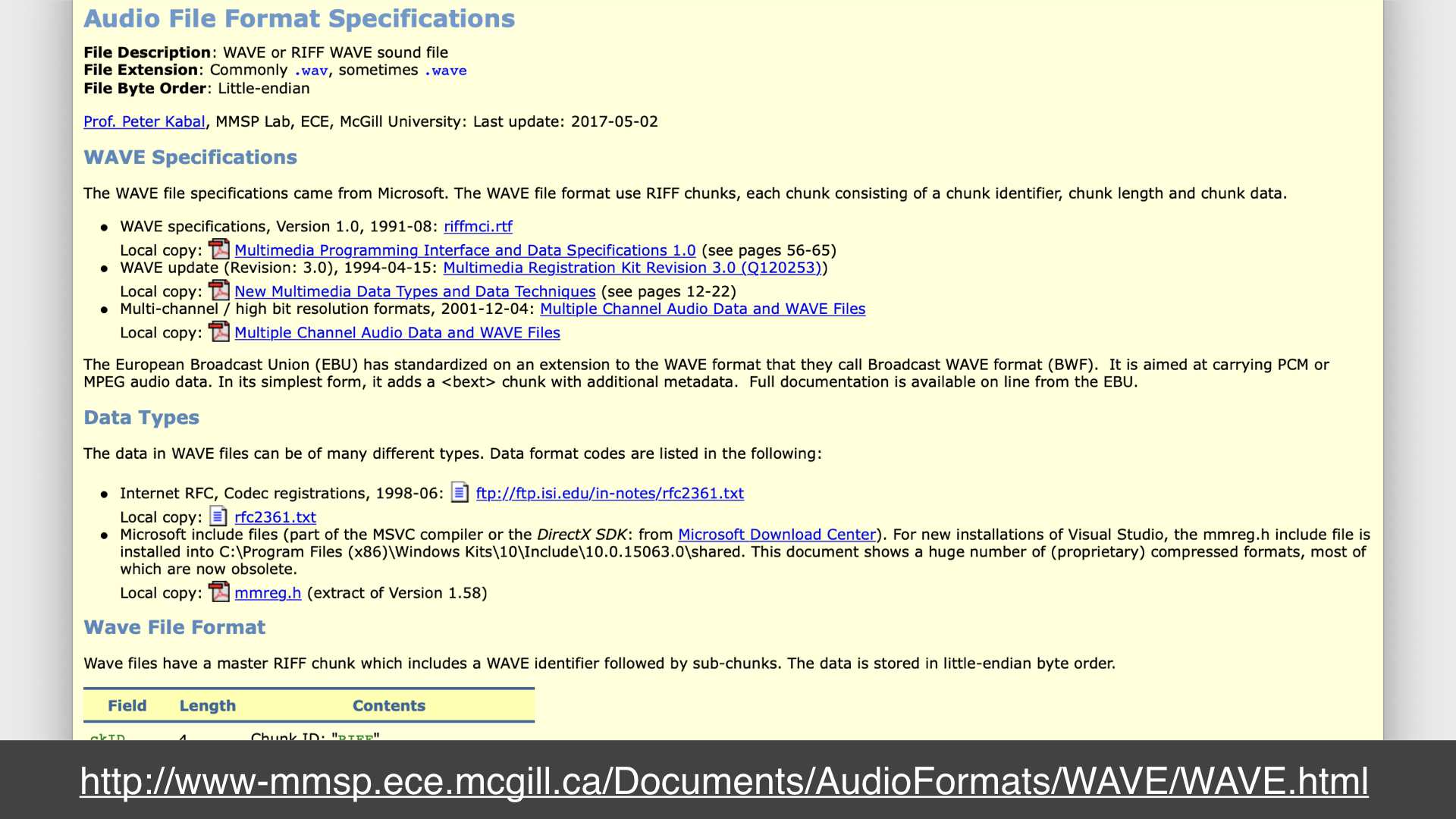 Screenshot of a webpage describing the WAV file format specification; url: http://www-mmsp.ece.mcgill.ca/Documents/AudioFormats/WAVE/WAVE.html