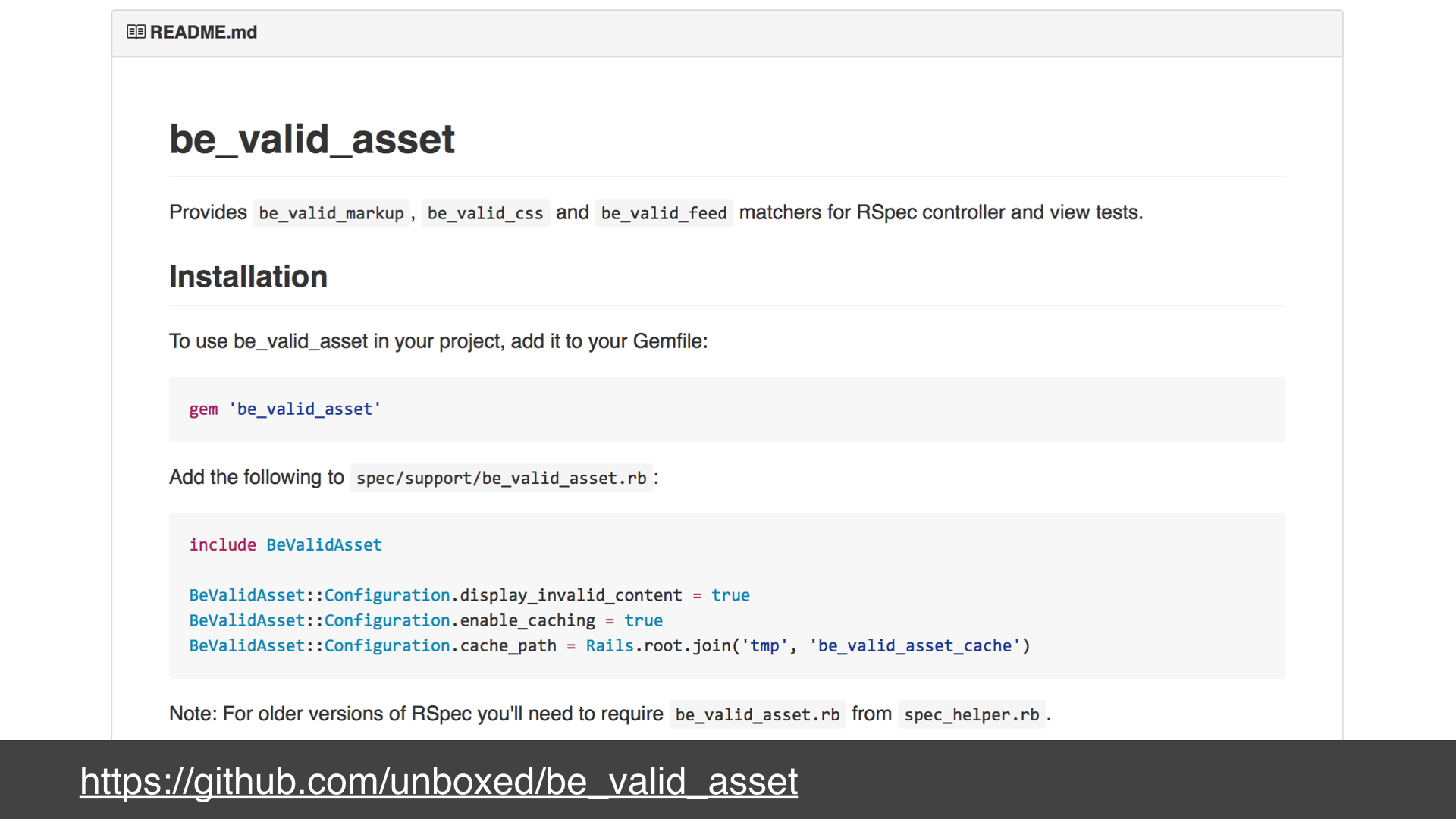 A screenshot of the readme for the be_valid_asset gem as rendered on its github project page - text: https://github.com/unboxed/be_valid_asset