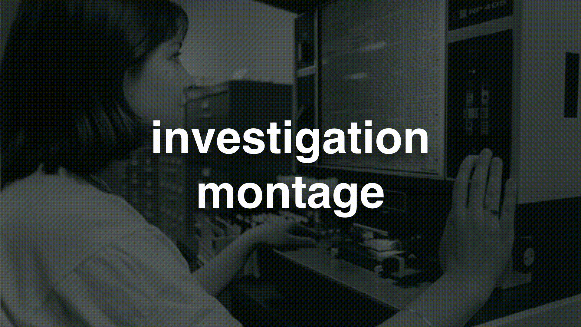 An animated slideshow showing 1) a photo of a woman using a microfiche machine 2) a photo of a library 3) a photo of a card catalogue 4) a animation of a google search for 'what is rubygems' 5) a photo of some binary code  - text: investigation montage