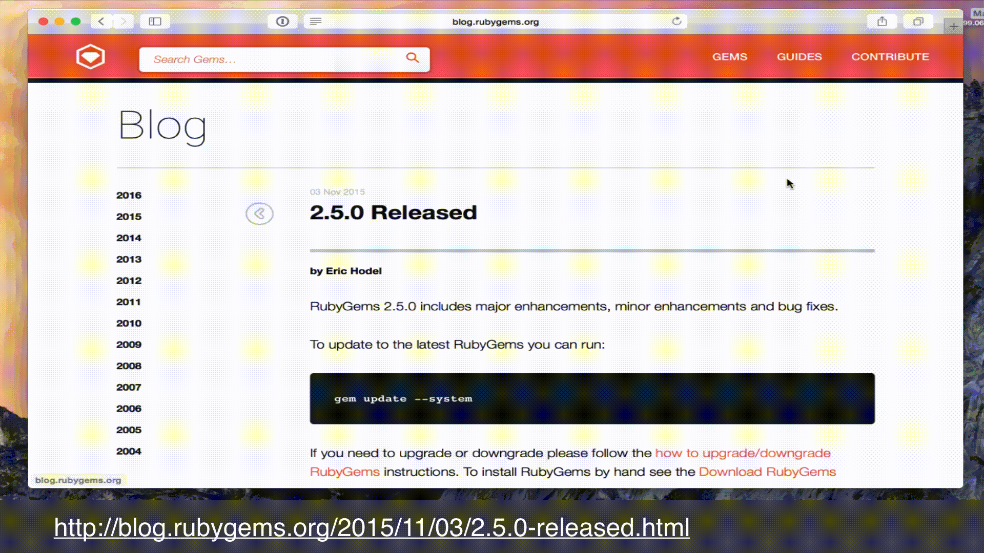 An animated screenshot of the rubygems 2.5 announcement blog post, showing me searching for my name - text: http://blog.rubygems.org/2015/11/03/2.5.0-released.html