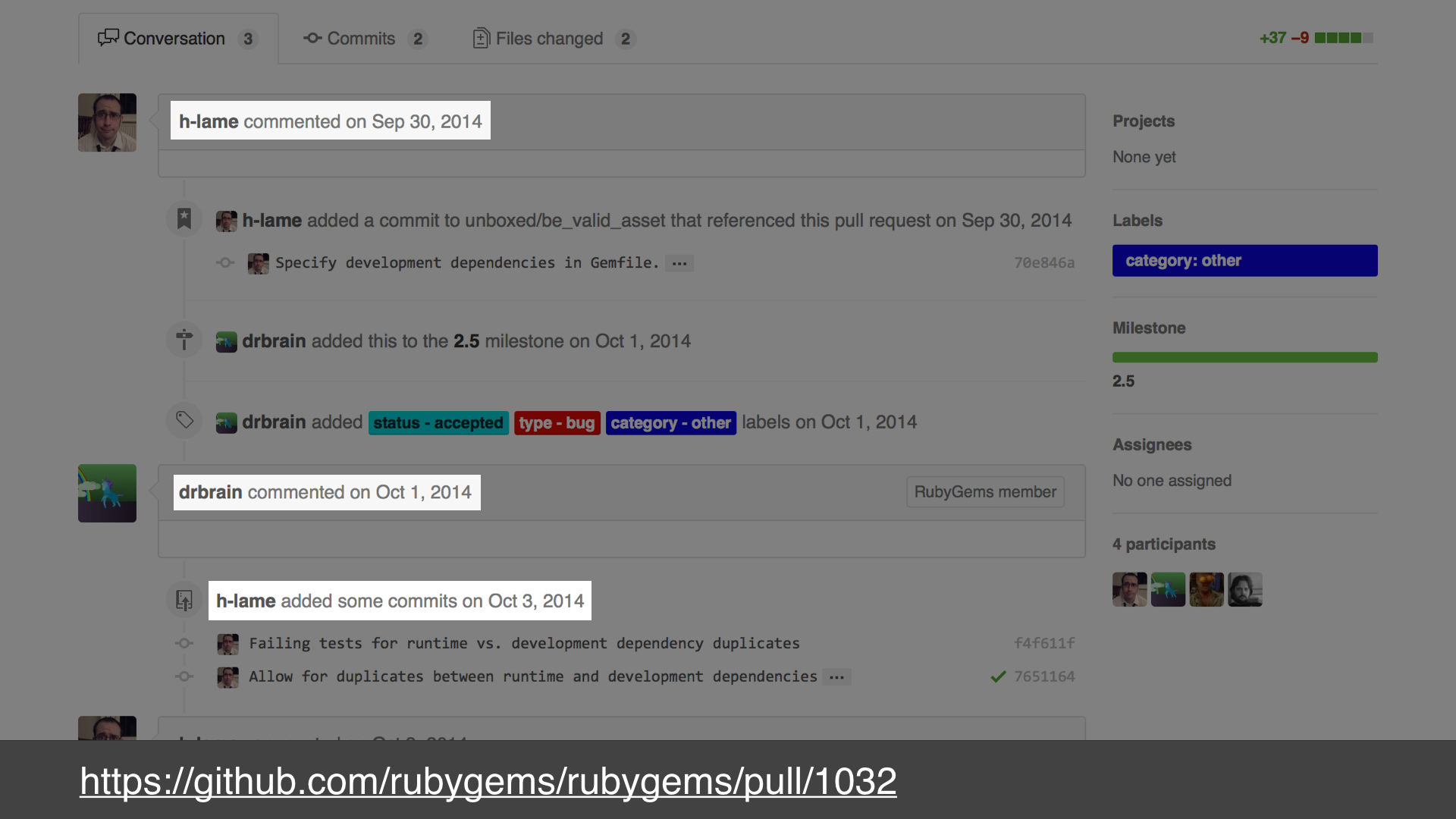 A screenshot of the github issue highlighting the dates of the first few interactions - text: https://github.com/rubygems/rubygems/pull/1032