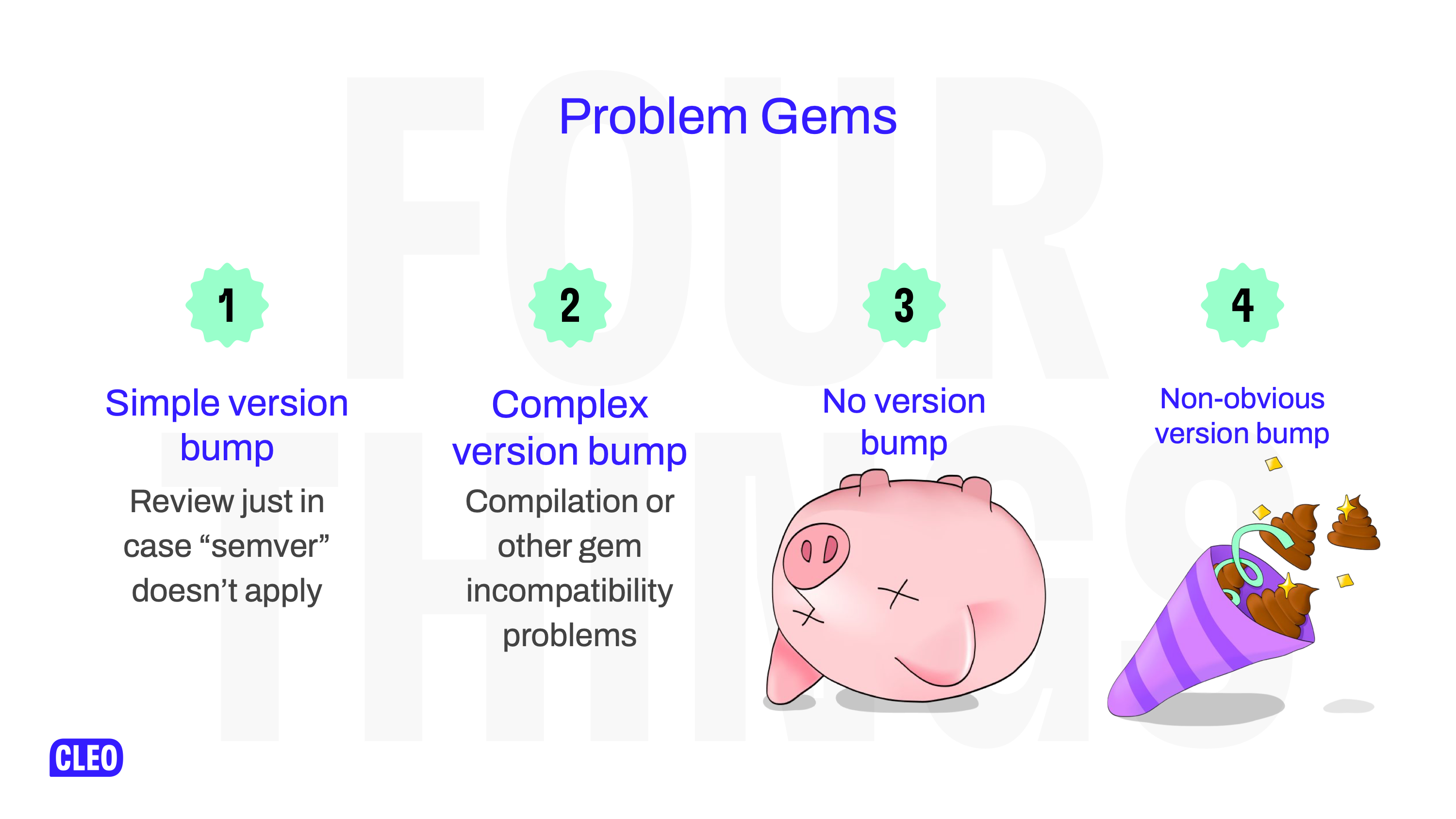 The same as Slide 9, but with a fourth point - gems that have no obvious version bump, with a picture of poop-confetti canon as a hint to what this feels like, text: Problem gems, 4: non-obvious version bump