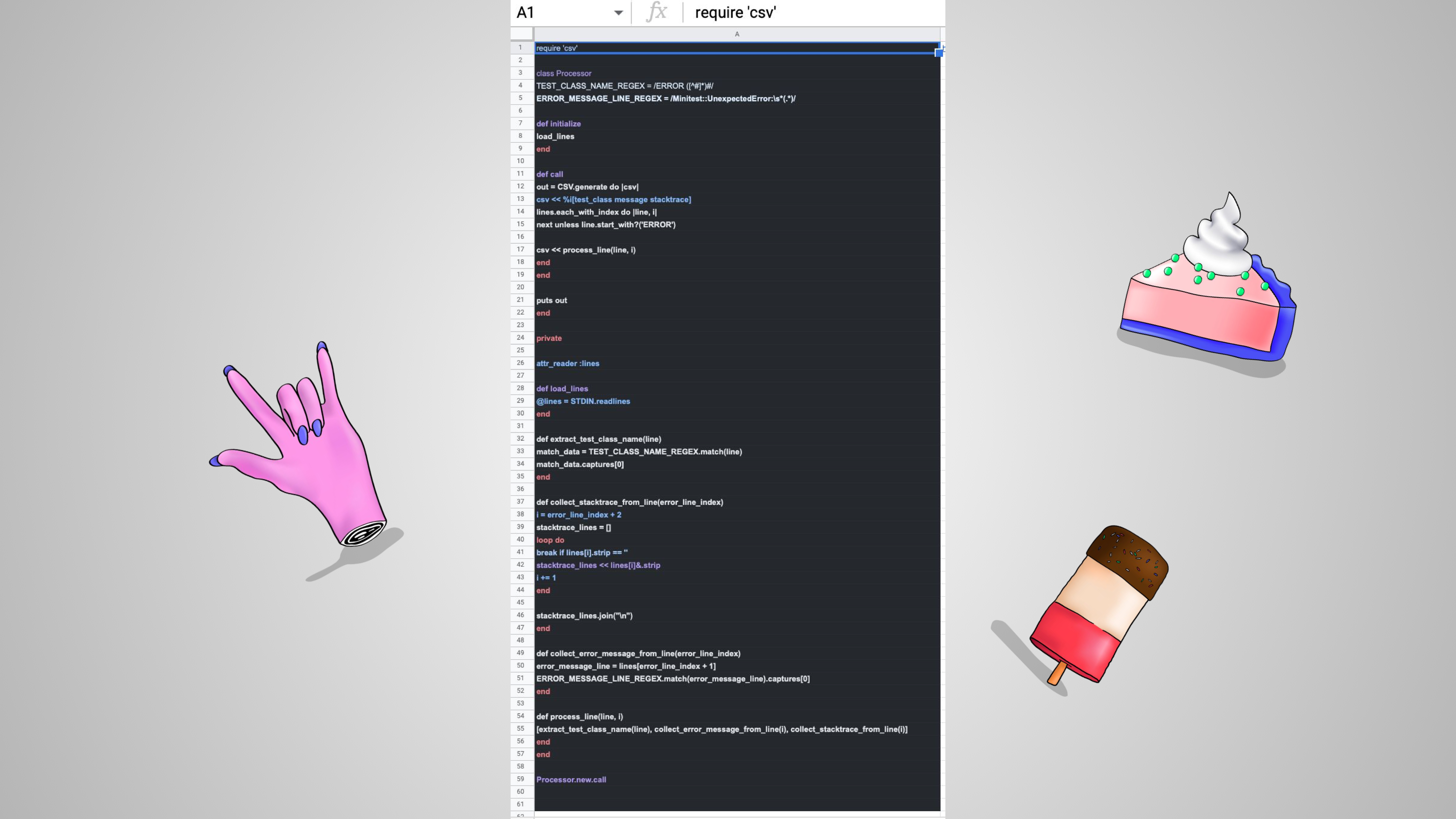 A screengrab of some code for automating the manual CI extraction steps, the code is pasted into the spreadsheet and has no indentation or styling, it's adorned with rock horns, cake and ice lolly graphics to show how great this is