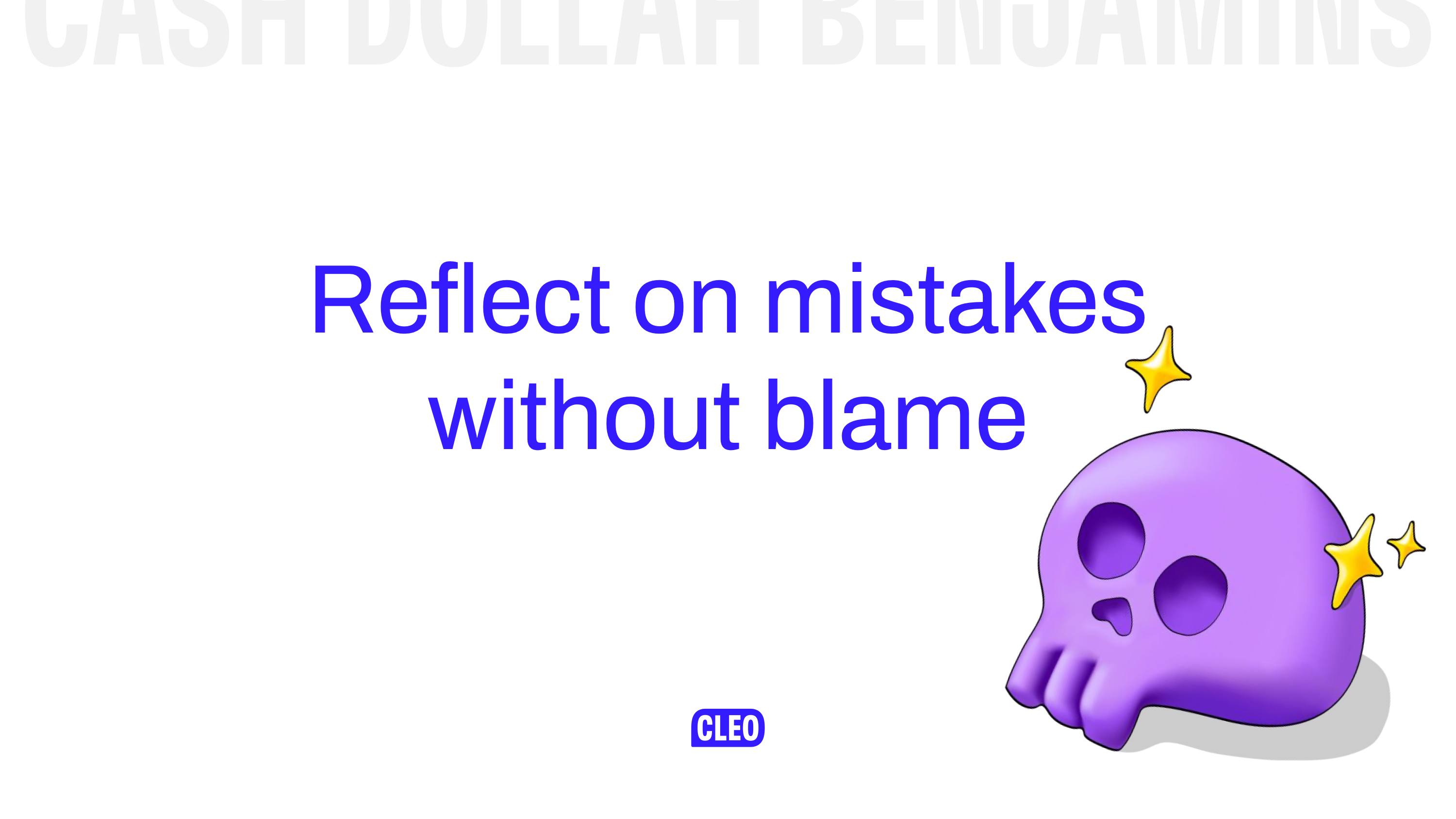 Reflect on mistakes without blame - the illustration here is a purple skull with sparkles; text: Reflect on mistakes without blame