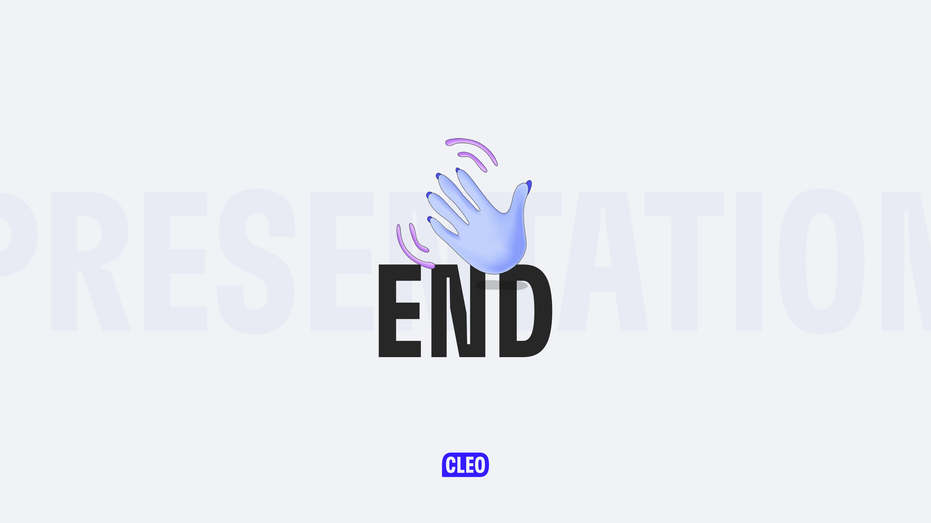 The final slide, it says End on it; a blue hand is waving; text: End