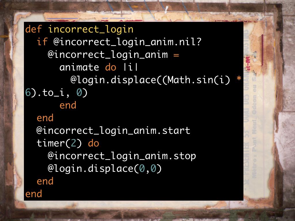 A snippet of code showing how Talon reacts when the login details are incorrect. code: https://gist.github.com/h-lame/caaf6d8a2c91b3cce8fea05cc6b25d7a#file-slide-30-32-incorrect_login-rb
