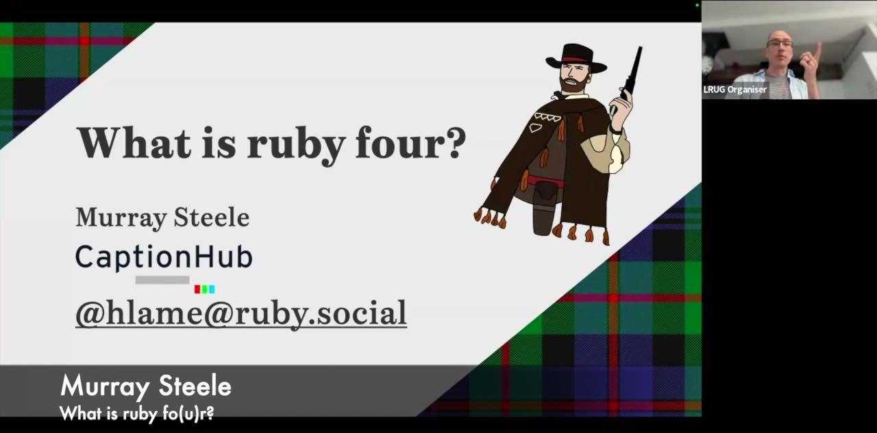 a still from the video of this talk, it's the title slide on the right, taking up most of the screen, and a video of my face taking up a small portion of the left of the screen; I'm waving a finger in it